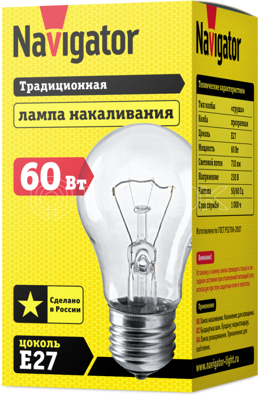 Лампа накаливания 94 300 NI-A-60-230-E27-CL Navigator 94300 изображение, фото