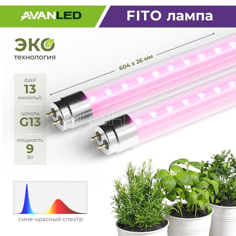 Лампа светодиодная AL T8-9-BR-600 FITO 9Вт G13 600мм для растений красн./син. AVANLED 12206011 изображение, фото