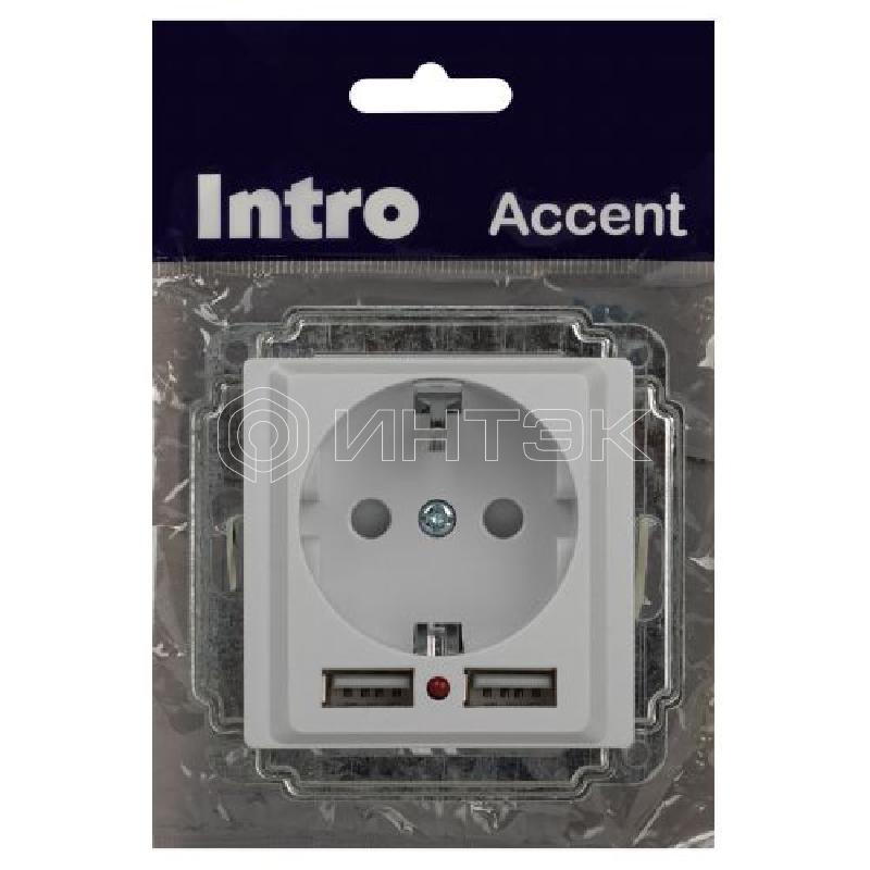 Розетка 1-м СП Accent 6-410-01 16А IP20 250В P+E Schuko защ. шторки + 2хUSB бел. Intro Б0063689 изображение, фото