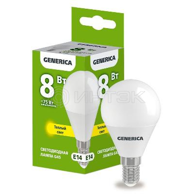 Лампа светодиодная G45 8Вт шар 3000К E14 230В GENERICA LL-G45-08-230-30-E14-G изображение, фото