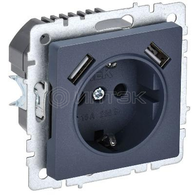 Розетка BRITE РЮш10-1-БрМ 16А с USB A+A 2.1А с заземл. защ. шторки механизм маренго IEK BR-R14-16-U21-D21-K35 изображение, фото