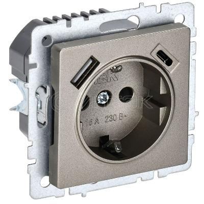 Розетка BRITE РЮш11-1-БрШ 16А с USB A+C 18Вт с заземл. защ. шторки механизм шампань IEK BR-R14-16-U22-018-K37 изображение, фото