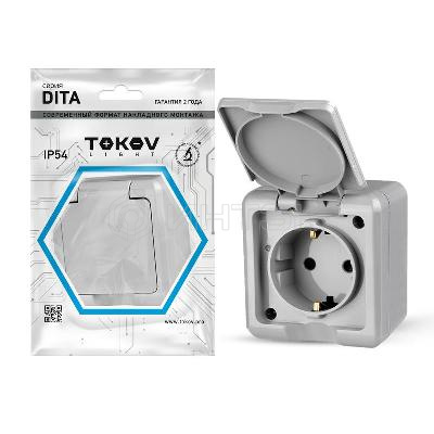 Розетка 1-м ОП Dita 16А IP54 250В с заземл. с крышкой сер. TOKOV ELECTRIC TKL-DT-R1Z-C06-IP54 изображение, фото