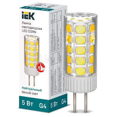 Лампа светодиодная Corn 5Вт капсульная 4000К нейтр. бел. G4 12В керамика IEK LLE-Corn-5-012-40-G4 изображение, фото
