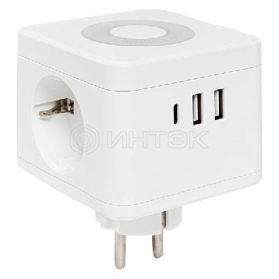 Разветвитель 3-м куб 2 гнезда 2хUSB 2.4А + тип C + ночник EKF UBA-CUB-T2-TC изображение, фото