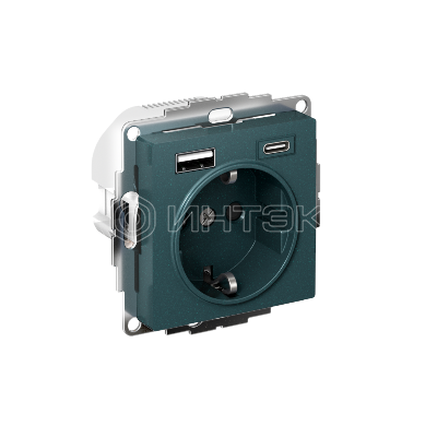 Розетка AtlasDesign 16А с 2-мя заряд. устройствами USB тип A+C 5В/2.4А 2х5В/1.2А механизм изумруд Systeme Electric ATN000832 изображение, фото