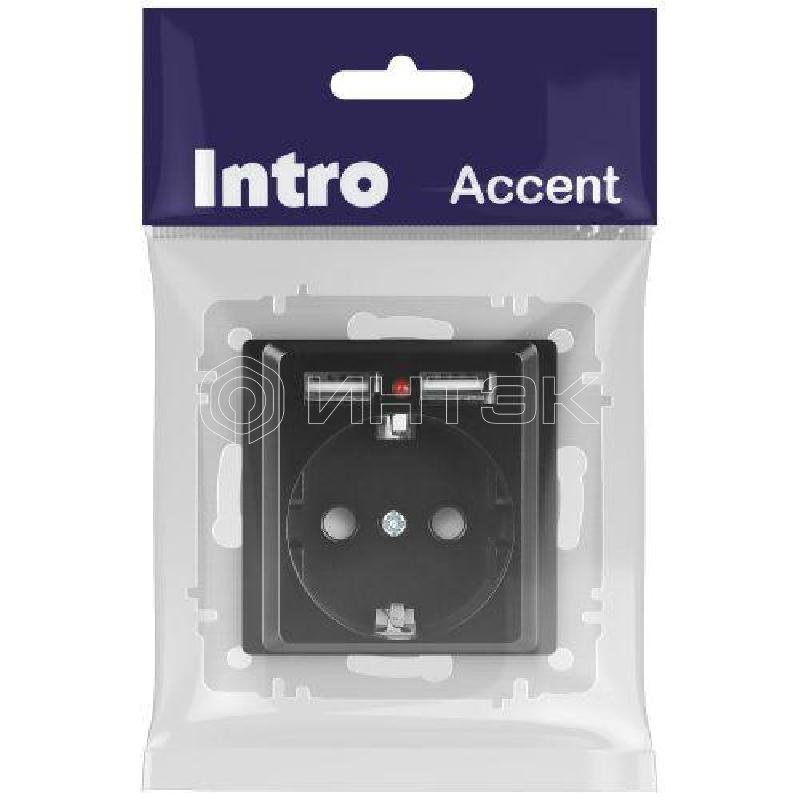 Розетка 1-м СП Accent 6-410-05 16А IP20 250В P+E Schuko + 2хUSB защ. шторки антрацит Intro Б0063698 изображение, фото