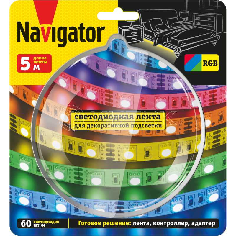 Лента светодиодная 95 146 NLS-Systeme ElectricT-04 RGB 5м 60шт/м адаптер 1м IP20 Navigator 95146 изображение, фото