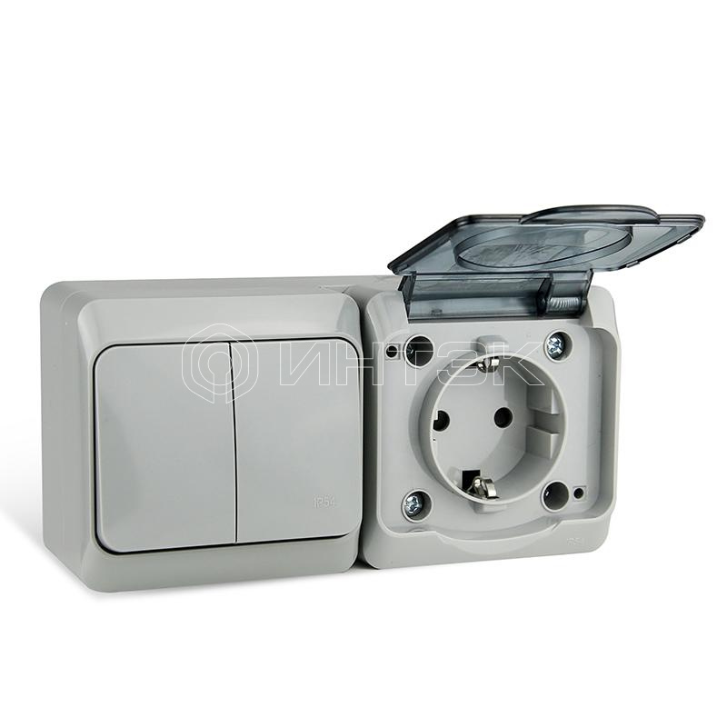 Блок ОП Nix (розетка 16А 250В с заземл. + 2-кл. выкл. 10А) IP54 сер. TOKOV ELECTRIC TKE-NX-V2RZ-C06T-IP54 изображение, фото