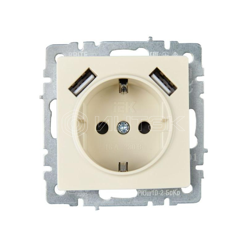 Розетка BRITE РЮш10-2-БрКр 16А с USB A+A 3.1А с заземл. защ. шторки механизм беж. IEK BR-R14-16-U21-D31-K10 изображение, фото