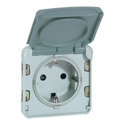 Розетка 1-м СП Plexo 16А IP55 2P+E с заземл. с крышкой немецк. стандарт безвинтов. клеммы механизм сер. Legrand 069570 изображение, фото