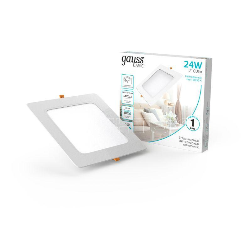 Светильник светодиодный Basic Downlight 24Вт 4000К IP20 2100лм 170-260В 220х26 квадрат бел. GAUSS 9031520224 изображение, фото