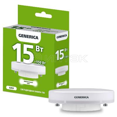 Лампа светодиодная T80 15Вт таблетка 4000К GX53 230В GENERICA LL-T80-15-230-40-GX53-G изображение, фото