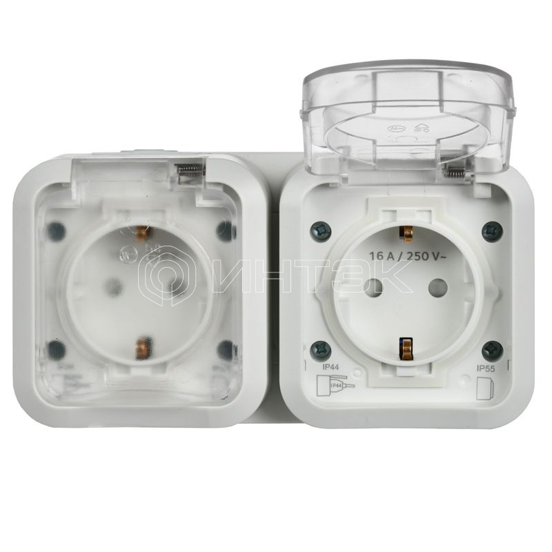 Розетка 2-м ОП TORS TS322 16А IP55 горизонт. с заземл. с крышкой бел. IEK TS-R26-16-55-G-K01 изображение, фото