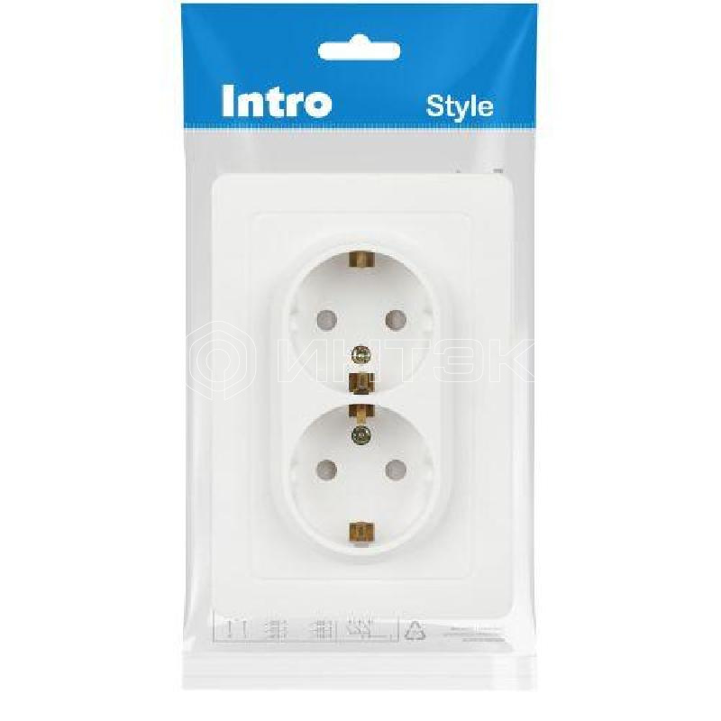 Розетка 2-м СП Style 7-208-01 16А 250В IP20 2х2P+E Schuko с заземл. защ. шторки бел. Intro Б0060625 изображение, фото