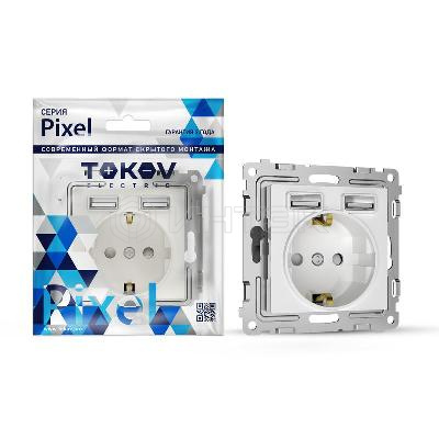 Розетка 1-м СП Pixel IP20 с заземл. с 2-мя заряд. устр. USB тип A+A механизм бел. TOKOV ELECTRIC TKE-PX-R1U2A-C01 изображение, фото