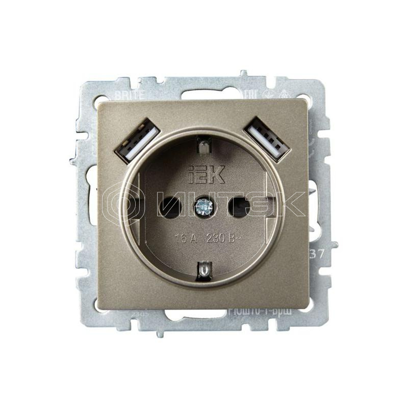 Розетка BRITE РЮш10-1-БрШ 16А с USB A+A 2.1А с заземл. защ. шторки механизм шампань IEK BR-R14-16-U21-D21-K37 изображение, фото