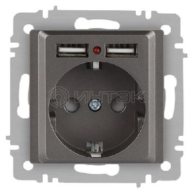 Розетка 1-м СП Accent 6-410-09 16А IP20 250В P+E Schuko + 2хUSB защ. шторки титан Intro Б0063711 изображение, фото