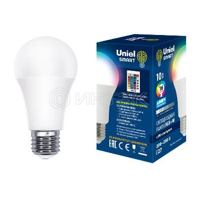 Лампа светодиодная LED-A60-10W/RGB/E27/REG PLS21WH 10Вт матовая E27 с ИК сенсором RGB свет пульт ДУ (н/к) (упак. картон) Uniel UL-00006530 изображение, фото