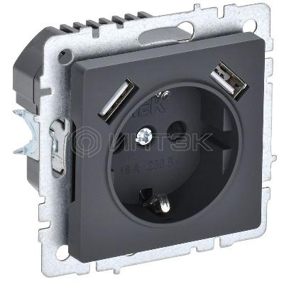 Розетка BRITE РЮш10-1-БрГ 16А с USB A+A 2.1А с заземл. защ. шторки механизм графит IEK BR-R14-16-U21-D21-K53 изображение, фото
