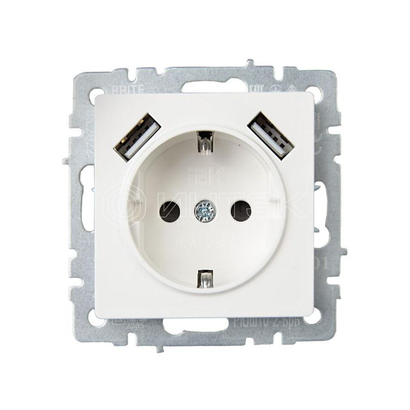 Розетка BRITE РЮш10-2-БрБ 16А с USB A+A 3.1А с заземл. защ. шторки механизм бел. IEK BR-R14-16-U21-D31-K01 изображение, фото
