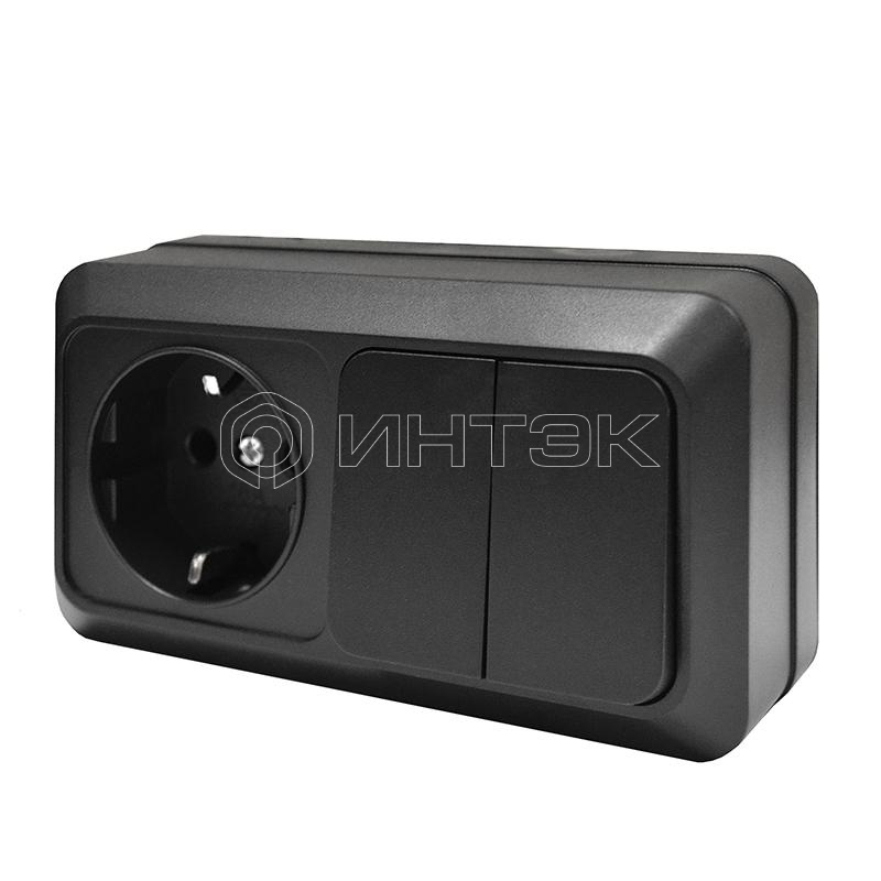 Блок ОП Олимп 2-кл. выкл. 10А + роз. с заземл. 16А 220В горизонт. черн. Universal 7946810 изображение, фото