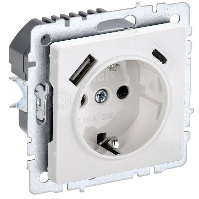 Розетка BRITE РЮш11-1-БрБ 16А с USB A+C 18Вт с заземл. защ. шторки механизм бел. IEK BR-R14-16-U22-018-K01 изображение, фото
