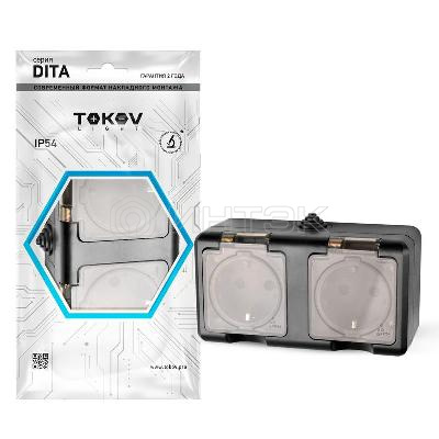 Розетка 2-м ОП Dita 16А IP54 250В с заземл. с прозр. крышкой карбонTOKOV ELECTRIC TKL-DT-R2Z-C14T-IP54 изображение, фото