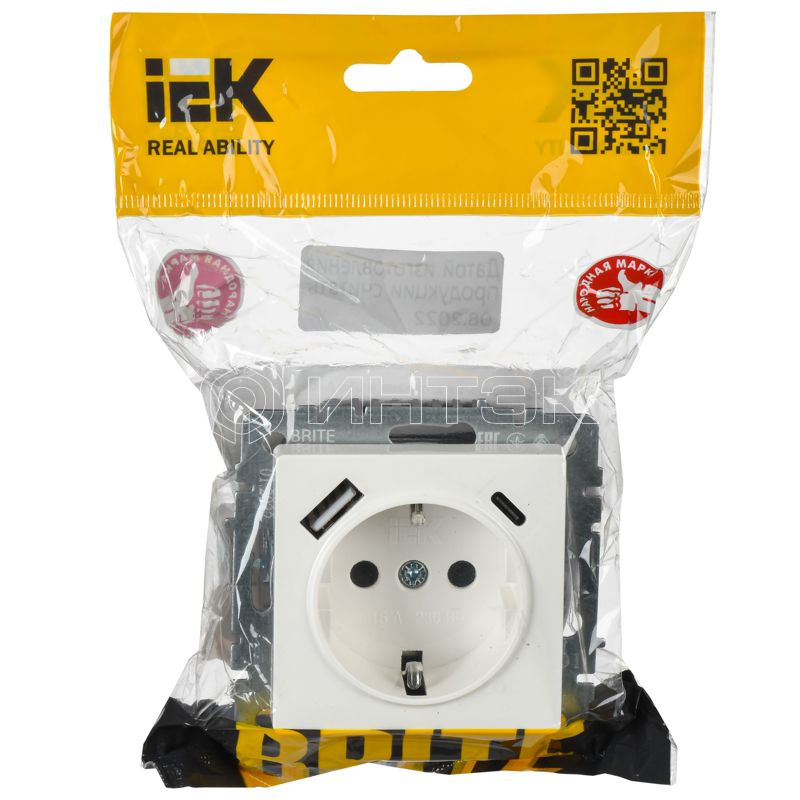 Розетка BRITE РЮш11-1-БрБ 16А с USB A+C 18Вт с заземл. защ. шторки механизм бел. IEK BR-R14-16-U22-018-K01 изображение, фото