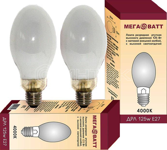 Лампа газоразрядная ртутная ДРЛ 125 E27 4000К (25) МЕГАВАТТ 03007 изображение, фото