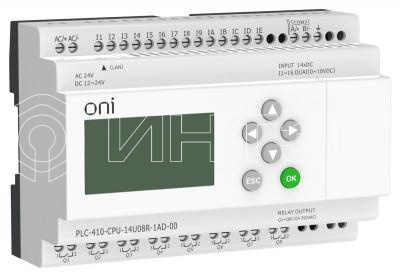 Модуль ЦПУ ПЛК 410 8 DI 6 UI (0-10В/DI) 8 RO 12В-24В DC или 24В AC с Ethernet портом с экраном ONI PLC-410-CPU-14U08R-1AD-00 изображение, фото