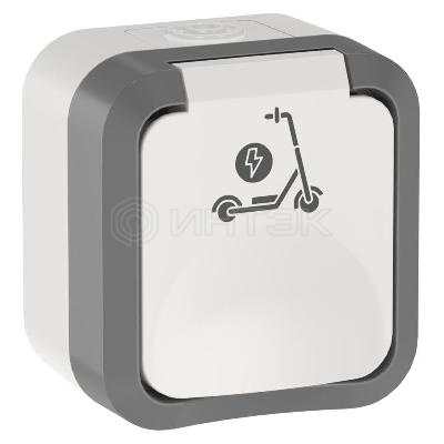 Розетка 1-м ОП TORS TS321 16А IP55 с заземл. защ. шторки с крышкой с иконкой самокат сер./бел. IEK TS-R110-16-55-K41 изображение, фото