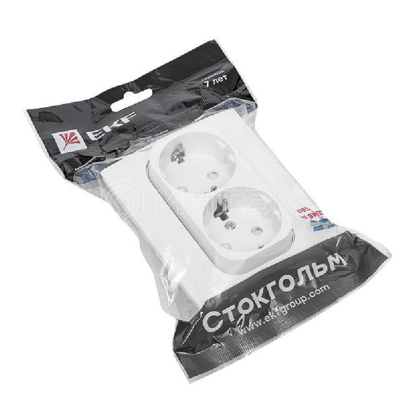Розетка 2-м СП Стокгольм 16А IP20 с заземл. защ. шторки бел. PROxima EKF EXR16-128-10 изображение, фото