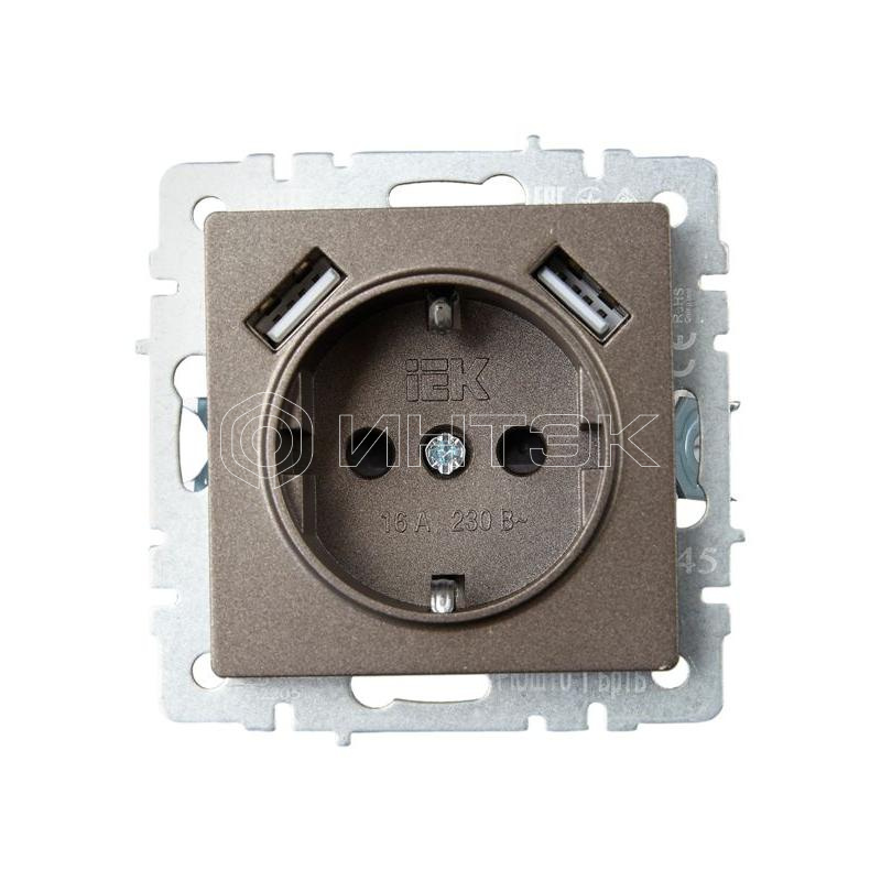 Розетка BRITE РЮш10-1-БрТБ 16А с USB A+A 2.1А с заземл. защ. шторки темн. механизм бронза IEK BR-R14-16-U21-D21-K45 изображение, фото