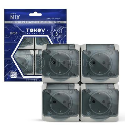 Розетка 4-м ОП Nix 16А IP54 250В с заземл. с прозр. крышкой сер. TOKOV ELECTRIC TKE-NX-R4Z-C06T-IP54 изображение, фото