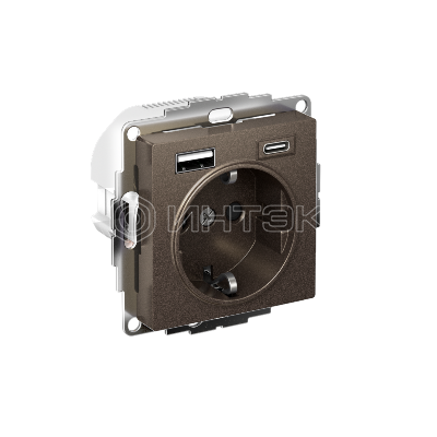 Розетка AtlasDesign 16А с 2-мя заряд. устройствами USB тип A+C 5В/2.4А 2х5В/1.2А механизм мокко Systeme Electric ATN000632 изображение, фото