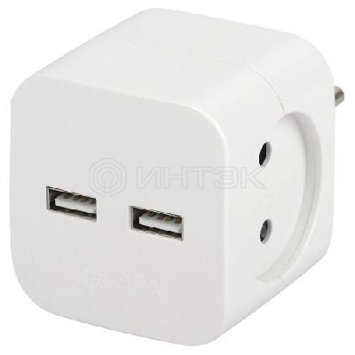 Разветвитель электрический SP-2-USB-W на 2 розетки 220В+ 2xUSB 2400мА без заземл 10А бел. Эра Б0049531 изображение, фото