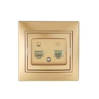 Розетка компьютерная + телефонная 2-м СП Mira RJ45 + RJ11 зол. метал. LEZARD 701-1313-143 изображение, фото
