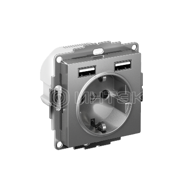 Розетка 1-м СП AtlasDesign 16А IP20 с 2-мя заряд. устройствами USB тип A+A 5В/2.4А 2х5В/1.2А механизм сталь Systeme Electric ATN000930 изображение, фото