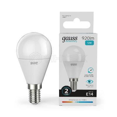 Лампа светодиодная Elementary 12Вт P45 шар 4100К нейтр. бел. E14 920лм GAUSS 53122 изображение, фото