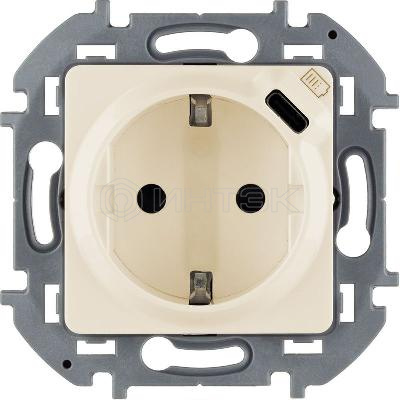 Розетка 1-м СП Inspiria 16А IP20 250В 2P+E немецк. стандарт с заряд. устройством USB тип C 1.5А 5В механизм сл. кость IEK 673771 изображение, фото