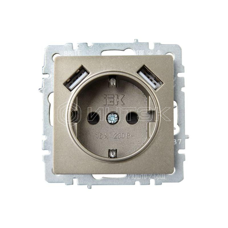 Розетка BRITE РЮш10-2-БрШ 16А с USB A+A 3.1А с заземл. защ. шторки механизм шампань IEK BR-R14-16-U21-D31-K37 изображение, фото