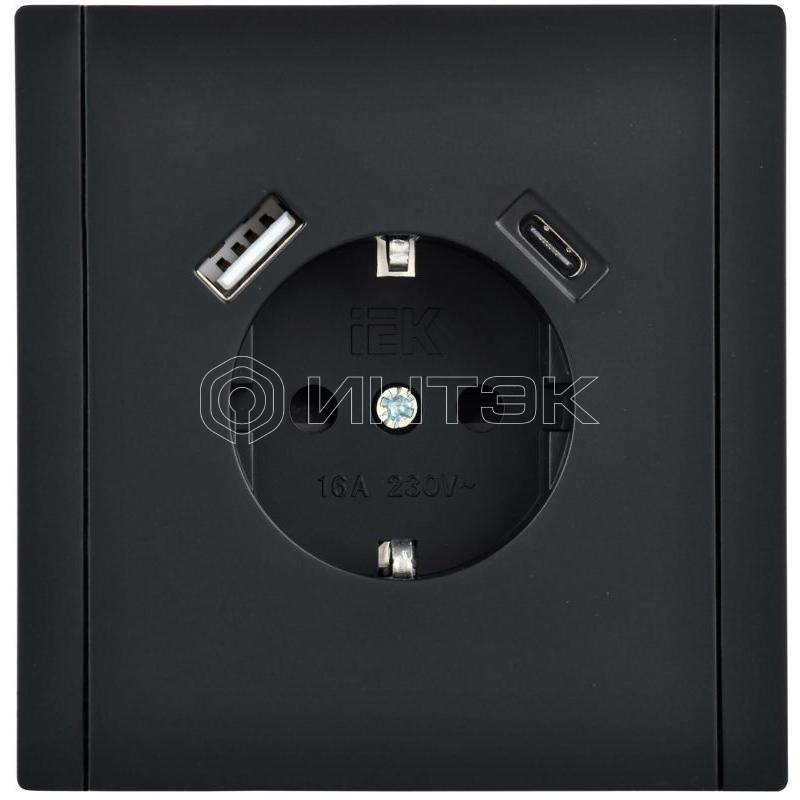 Розетка FORTE&PIANO FP147 16А USB A+C 18Вт с заземл. защ. шторки винт. крепл. черн. IEK FP-R14-16-U22-018-K02 изображение, фото