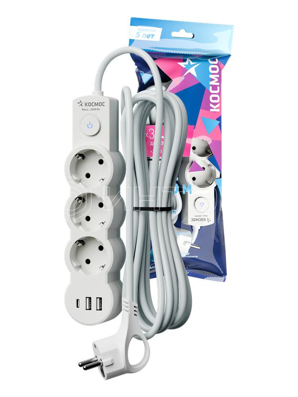 Удлинитель 3х1.5м с заземл. 10А IP20 USB 2800Вт 220В ПВС 3х1 с выкл. бел. КОСМОС YKsm1.5m3g-Z-VU10А-W изображение, фото
