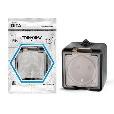 Розетка 1-м ОП Dita 16А IP54 250В с заземл. с прозр. крышкой карбон TOKOV ELECTRIC TKL-DT-R1Z-C14T-IP54 изображение, фото