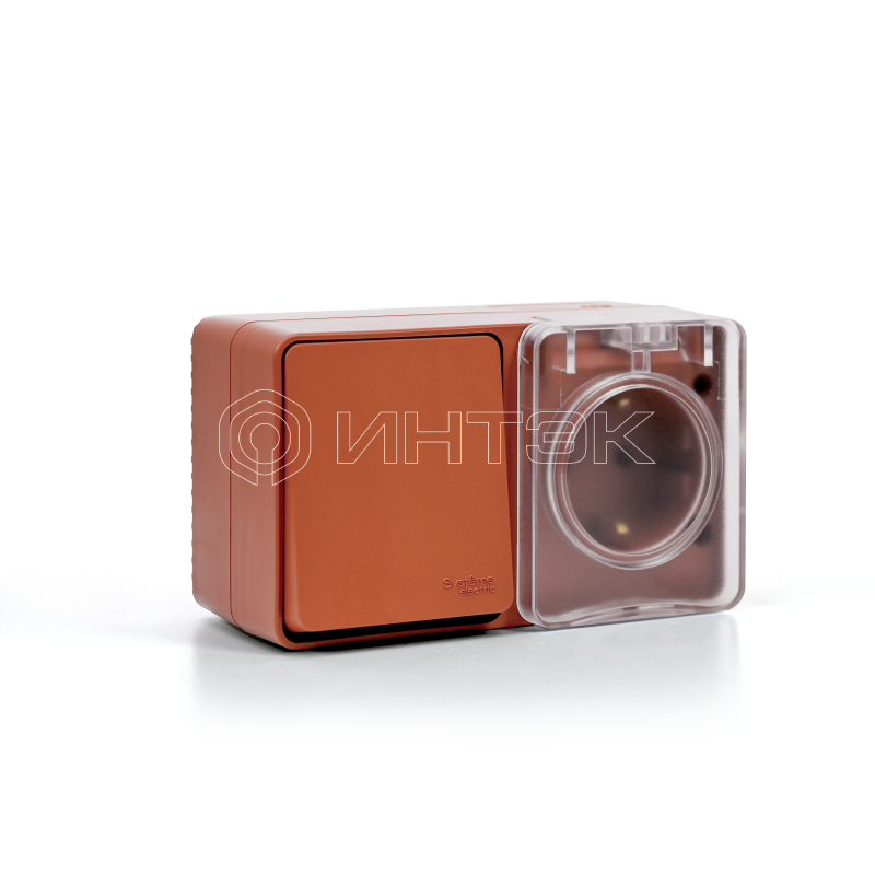Блок ОП AtlasDesign PROFI IP54 (розетка 1-м 16А заземл. защ. шторки + 1-кл. выключатель 10А) терракот. Systeme Electric ATN547070 изображение, фото