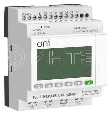 Модуль ЦПУ ПЛК 410 4 DI 4 UI (0-10 В/DI) 4 RO 12В-24В DC или 24В AC с Ethernet портом с экраном ONI PLC-410-CPU-08U04R-1AD-00 изображение, фото