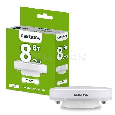 Лампа светодиодная T80 8Вт таблетка 4000К GX53 230В GENERICA LL-T80-08-230-40-GX53-G изображение, фото