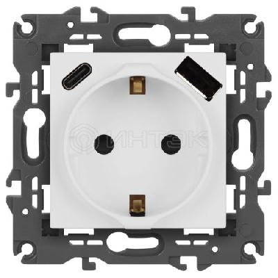 Розетка Elegance 14-4108-01М 16A 250В 2P+E защ. шторки с USB type-A+C 3А 5В матов. бел. Эра Б0067710 изображение, фото