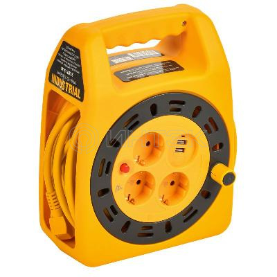 Удлинитель на катушке 3х15м с заземл. Industrial УК15 2P+PE 3х1.5кв.мм USBх2 LED термозащита IEK IN-KP24-16-03-15-UL изображение, фото
